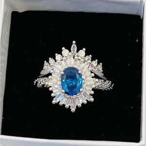 RETRO BOMB PARTY 2 PIECE RING “SUNBURST” OVAL BLUE SAPPHIRE RBP2436 SIZE 9